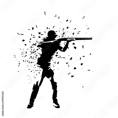 Trap shooting, aiming athlete with gun, isolated vector silhouette. Ink drawing