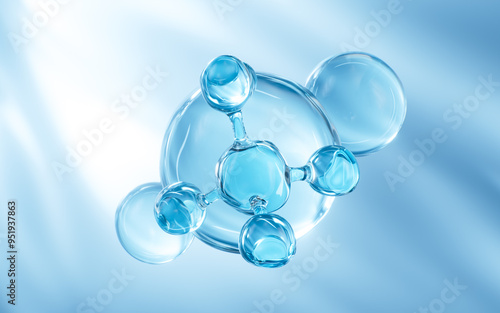 Blue glass spheres, abstract molecules, 3d rendering.