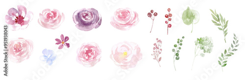 Watercolor vector set of floral elements. Pink, red, burgundy flowers and roses, green leaves. Vector floral arrangements. Rose Flower Collection, flower clipart for graphic resources. 