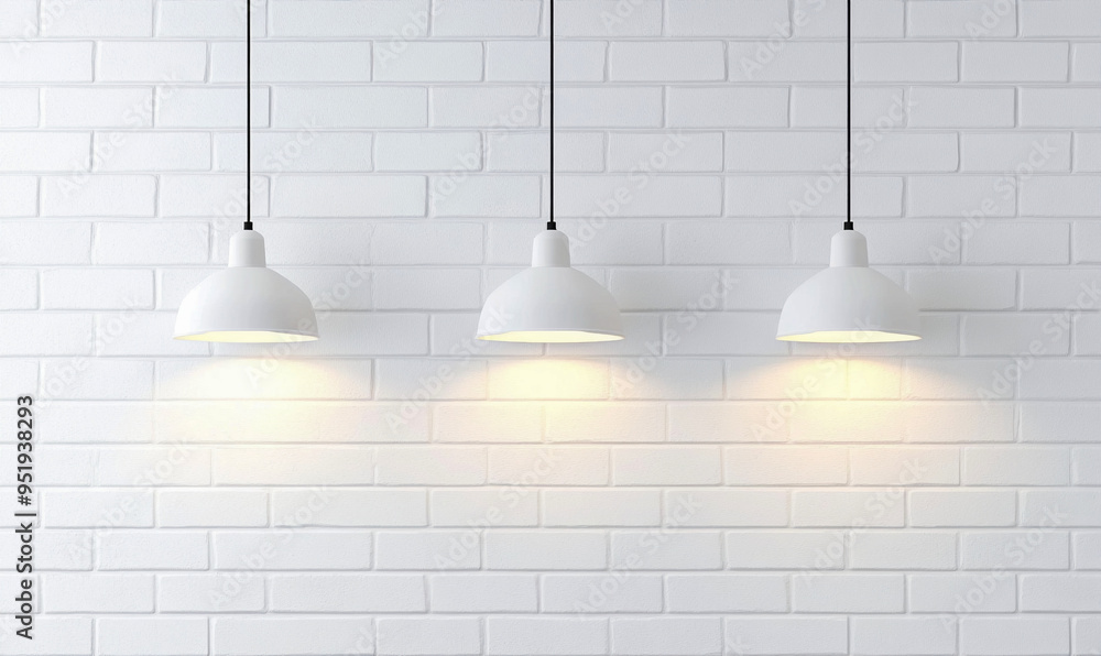 Una pared de ladrillos blancos con tres lámparas colgantes de diseño minimalista. La luz brillante emana de la lámpara en un lado de la pared de ladrillos blancos, lo que crea un efecto fotorrealista.