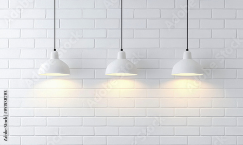 Obraz na płótnie Una pared de ladrillos blancos con tres lámparas colgantes de diseño minimalista. La luz brillante emana de la lámpara en un lado de la pared de ladrillos blancos, lo que crea un efecto fotorrealista. w salonie