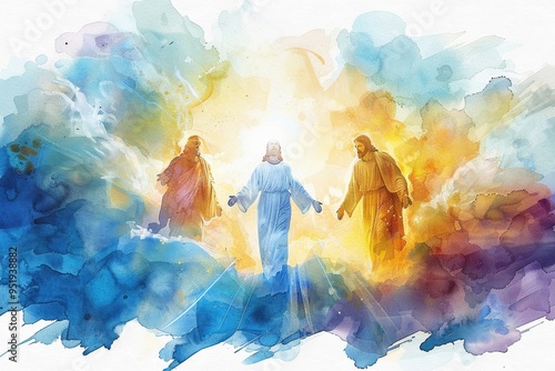 Detailed watercolor of the transfiguration of Jesus vibrant and mystical