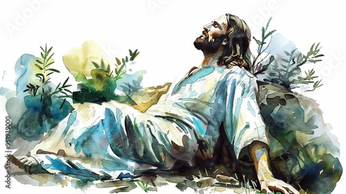 Elegant watercolor of Jesus praying in the Garden of Gethsemane intense and reflective