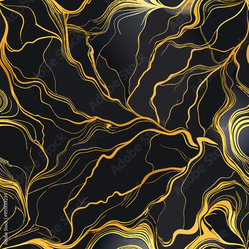 Luxurious Black and Gold Veined Marble Texture for Digital Backgrounds Seamless Pattern