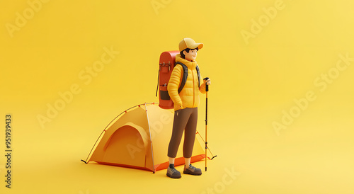 “3D Isometric Illustration of a Person with a Backpack Exploring a Virtual World, Emphasizing Adventure and Digital Exploration, Perfect for Travel-Themed Designs, Educational Content, and Game Develo photo