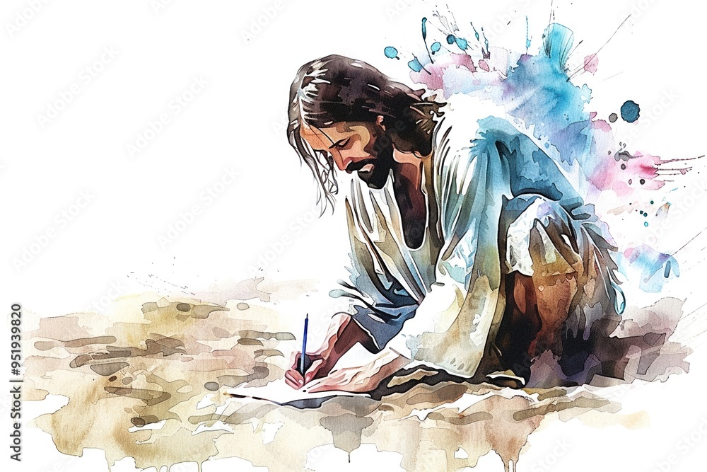 Watercolor depiction of Jesus writing in the sand mysterious and ...