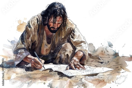 Watercolor depiction of Jesus writing in the sand mysterious and thoughtful