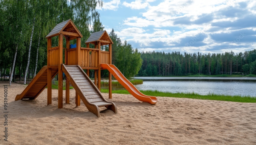 A Children Playground With Wooden Play Structures A Children Playground With Wooden Play Structures