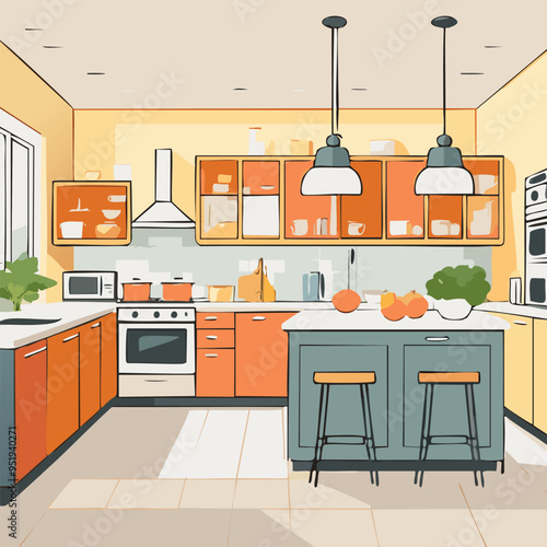 Kitchen interior with furniture and appliances. Vector illustration in flat style.