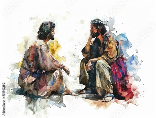 Watercolor painting of Jesus and the rich young ruler a poignant moment of moral challenge and decision