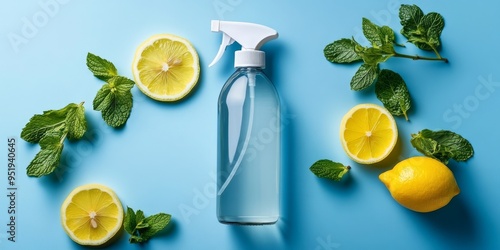 A Cleaning Spray Bottle Surrounded By Lemon Slices photo