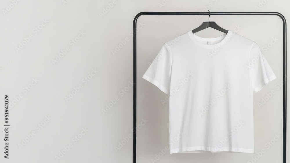 White t-shirt on a modern metal rack, isolated against a white background, minimalist style, ready for clothing branding and mockup use White t-shirt on a modern metal rack, isolated against a white background, minimalist style, ready for clothing branding and mockup use