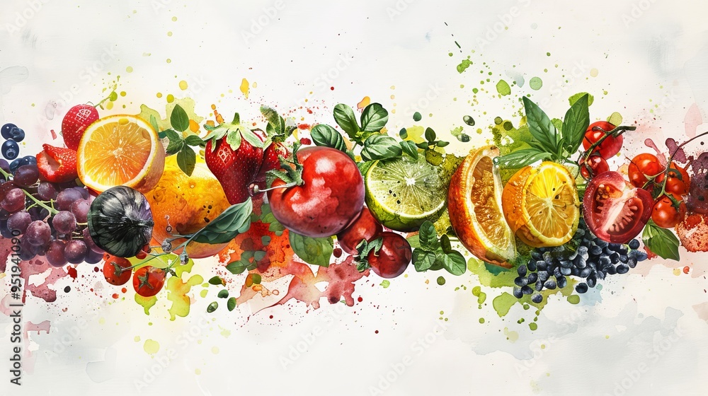 Watercolor Splash of Fresh Fruit and Vegetables Watercolor Splash of Fresh Fruit and Vegetables