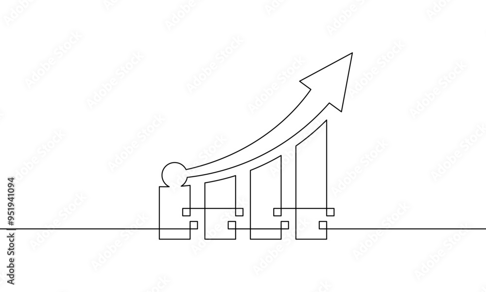 One continuous line drawing of graph with arrow. illustration vector of bar chart. Single line art of increasing arrow up. Business growth icon One continuous line drawing of graph with arrow. illustration vector of bar chart. Single line art of increasing arrow up. Business growth icon