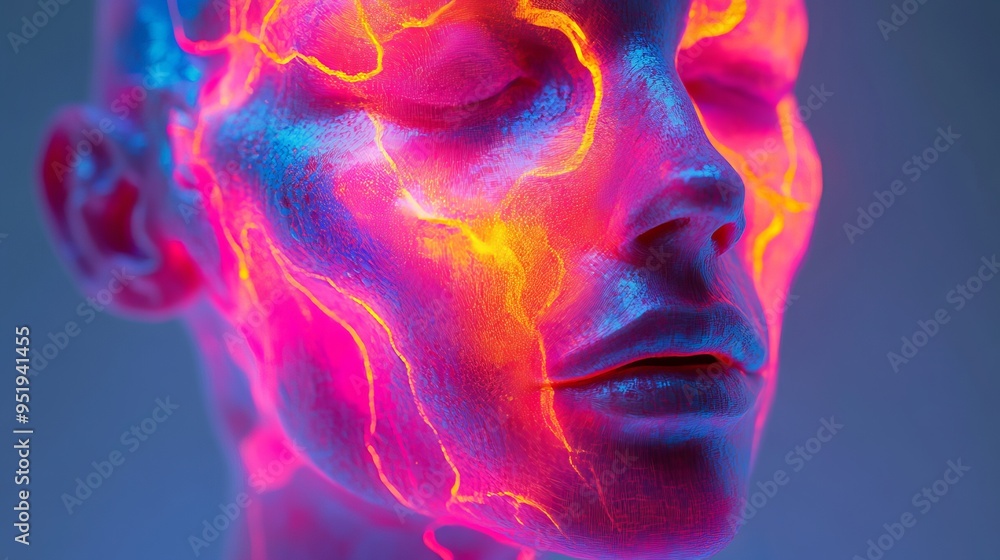 A glowing neon face lit by colorful patterns in an artistic space A glowing neon face lit by colorful patterns in an artistic space