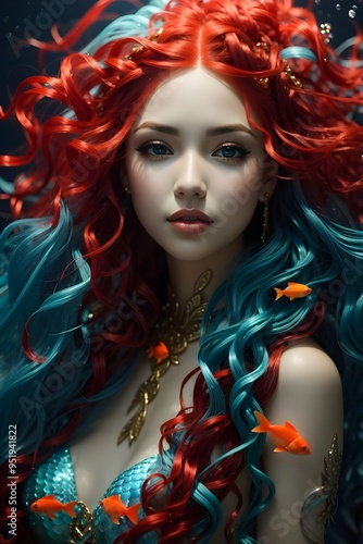 A mermaid with red hair and blue eyes