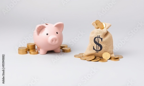 A pink piggy bank surrounded by stacks of golden coins, a small burlap sack with a dollar sign printed on it filled with coins photo