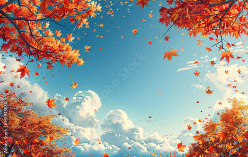 Vector illustration of an autumn background with maple leaves and clouds. The branch is made up only by yellow, red and orange fall foliage on the blue sky background.