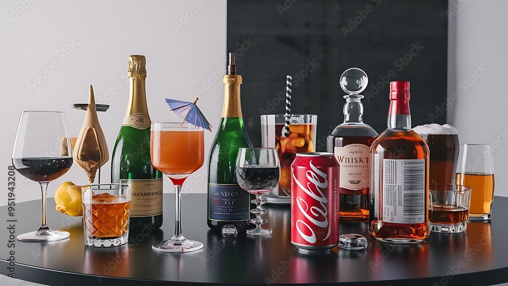 Different alcohol drinks set -beer,cocktail,champagne,wine,cola,whiskey Different alcohol drinks set -beer,cocktail,champagne,wine,cola,whiskey