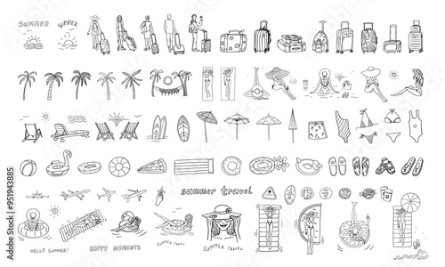 Large set of summer time theme elements in doodle style. Beach, palms, SUP, surfboard, inflatable rubber circles, beach umbrella, flip flops. People with suitcase. Travel design. Adventure. Hand drawn