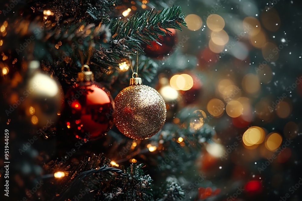 Festive Christmas Tree with Ornaments and a Background of Glittering Blurred Lights Festive Christmas Tree with Ornaments and a Background of Glittering Blurred Lights