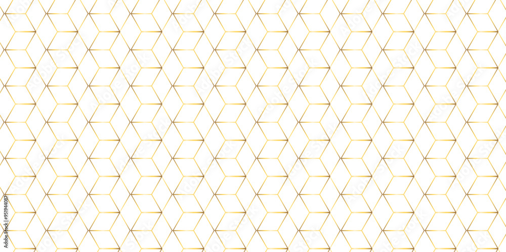 Fototapeta premium Abstract seamless pattern with square hexagon tile and cube grid mosaic honeycomb diamond triangle structure shape isometric gold line block wallpaper. 