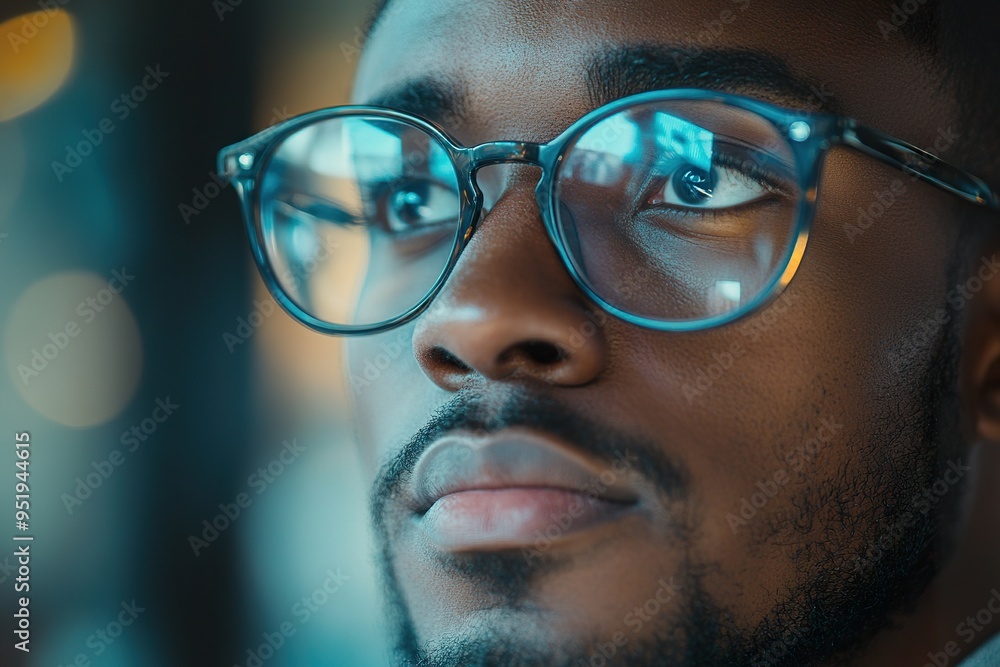 Focused African American Man in Glasses Glancing Away from His Computer as He Reflects Focused African American Man in Glasses Glancing Away from His Computer as He Reflects