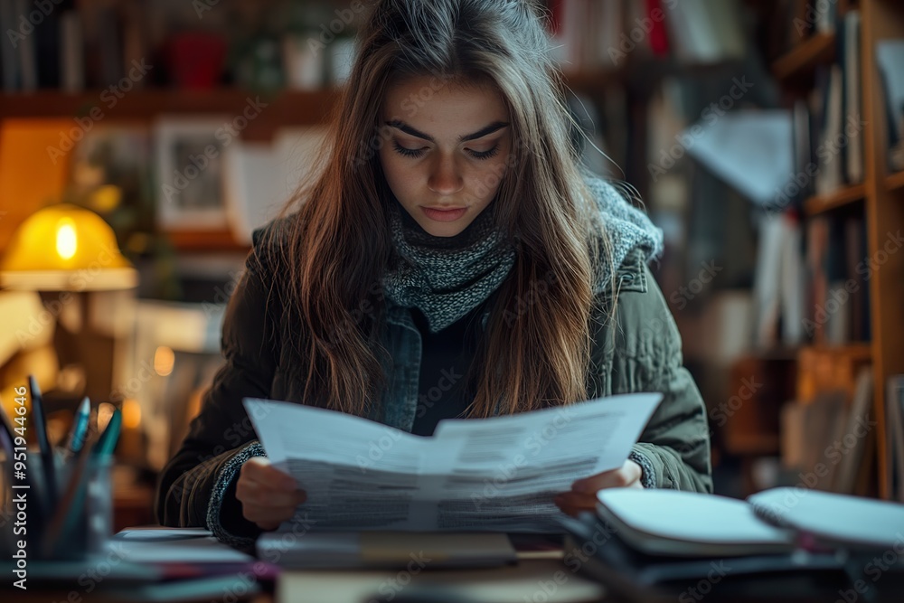 Focused Female Student Standing at Desk and Completing Homework with Care Focused Female Student Standing at Desk and Completing Homework with Care