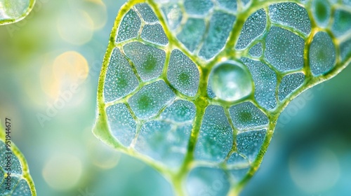 microscope photography, plant tissue sample, visible cellular structure, chloroplasts in motion, highly detailed cell walls, soft depth of field, cool green lighting, natural setting photo