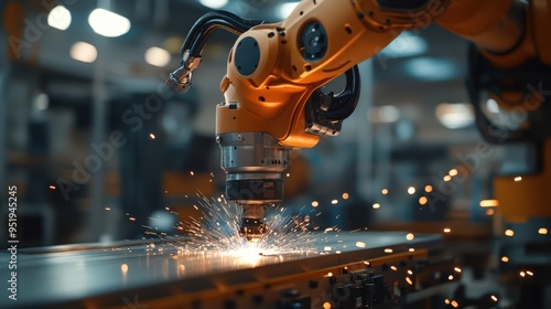 Sparks flying as a robotic arm welds metal in an industrial setting