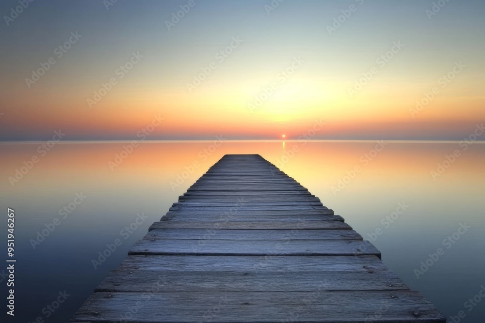 A tranquil wooden pier extends into a calm lake at sunset. The soft hues of blue and orange create a peaceful atmosphere perfect for reflection. Generative AI A tranquil wooden pier extends into a calm lake at sunset. The soft hues of blue and orange create a peaceful atmosphere perfect for reflection. Generative AI