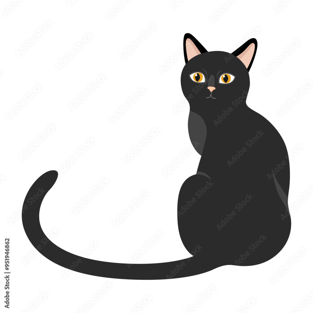 Fototapeta premium Black domestic cat. Cat silhouette, elegant black cat. Black witch Halloween cat. Vector illustration isolated on white.