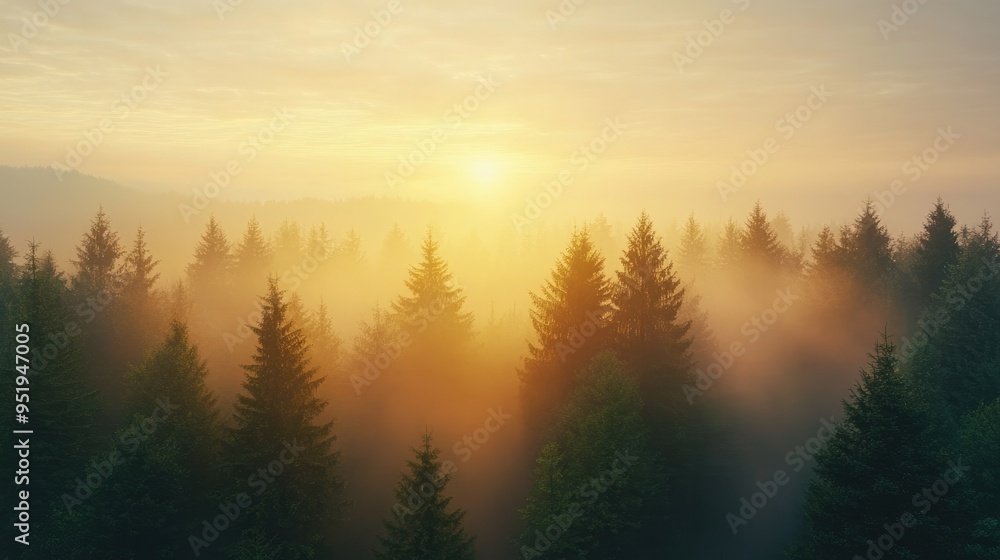 Sunrise over a misty forest, symbolizing hope and renewal in Earth's natural cycles Sunrise over a misty forest, symbolizing hope and renewal in Earth's natural cycles