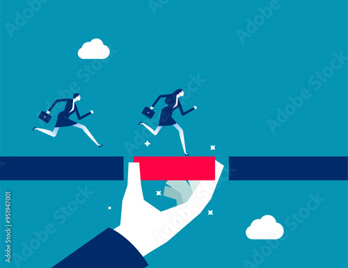 Connect the bridge to help and support team to success. Giant manager hand help connect missing piece as the bridge for team members to cross the gap. Solution or assistance concept