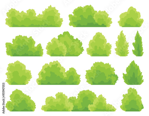 Bushes icon set. Cartoon forest and park shrubbery. Summer nature cartoon objects isolated on white. Landscape scene create element. Vector cartoon illustration