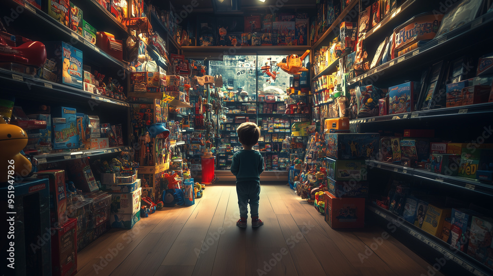 A small child stands in the middle of a toy-filled store, surrounded by a variety of toys on the shelves A small child stands in the middle of a toy-filled store, surrounded by a variety of toys on the shelves