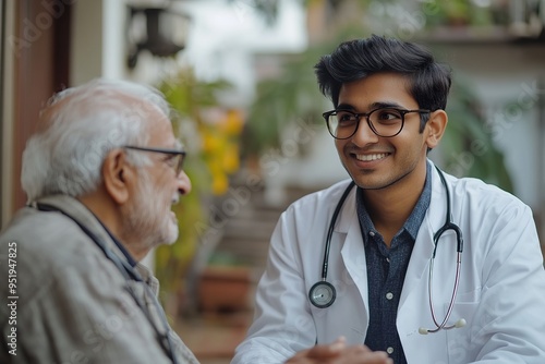 Joyful Interaction Between Young Geriatric Doctor and Elderly Indian Patient on Modern Tech