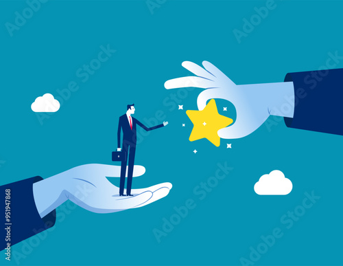 Winning confidence businessman standing on big hand getting star reward. encourage and motivate best performance, cheering or honor on success or achievement. Employee success recognition concept