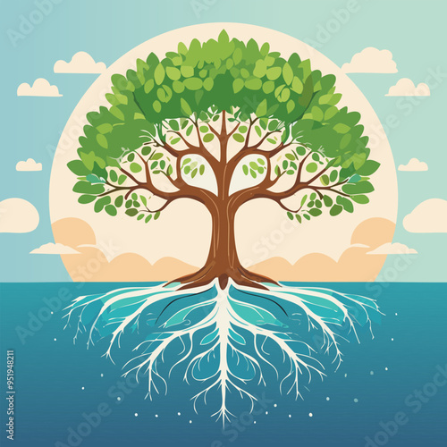 Green tree with roots in the sea. Vector illustration. Flat style.