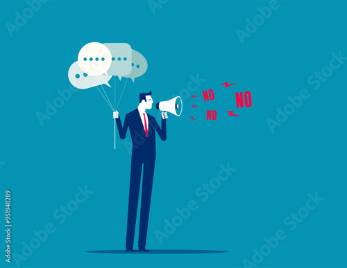 Confident businesswoman speak or scream loud on megaphone with words NO. Refuse to do wrong things. Learn to say no, leadership skill to manage workload. Time management concept