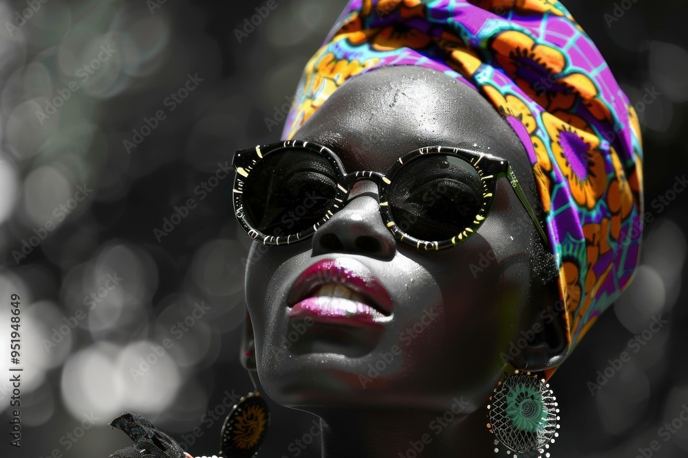 Closeup of a stylish african woman with vivid headscarf and modern sunglasses Closeup of a stylish african woman with vivid headscarf and modern sunglasses