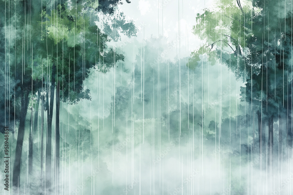 Obraz premium A painting of a forest with a body of water in the foreground