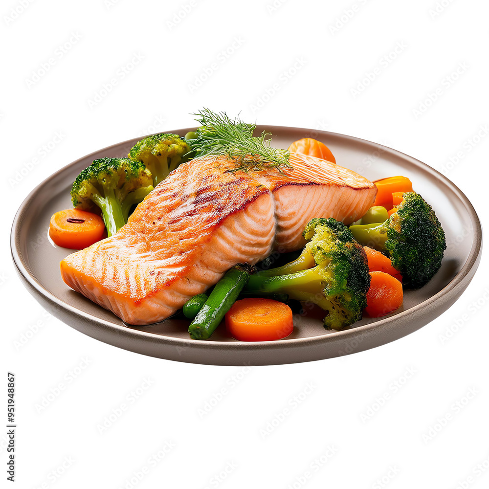 Healthy grilled salmon fillet served with steamed vegetables. A perfect nutritious and balanced meal for a healthy lifestyle. Healthy grilled salmon fillet served with steamed vegetables. A perfect nutritious and balanced meal for a healthy lifestyle.