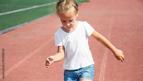 portrait of a little girl at the stadium. Children and sport concept. Child walking in the outdoor photo