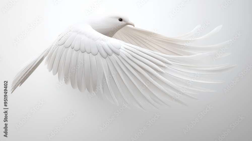 Obraz premium A bird flying with detailed feather patterns, set against a bright, clean background, emphasizing the elegant, nature inspired design