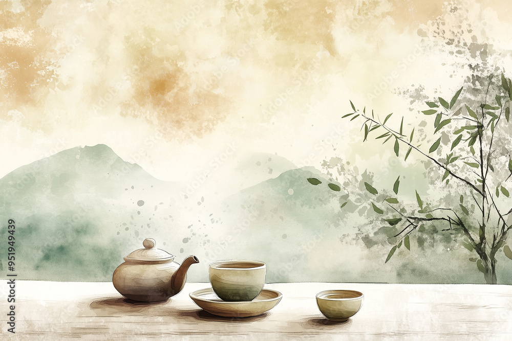 A tea set is displayed on a table with a view of a tree in the background A tea set is displayed on a table with a view of a tree in the background
