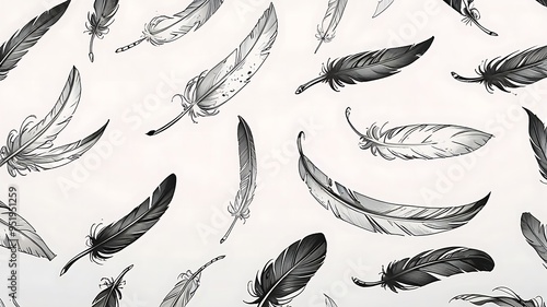 Black and white feathers sketch on paper, ideal for minimalist designs, craft projects, stationery, or birdrelated content creation. photo