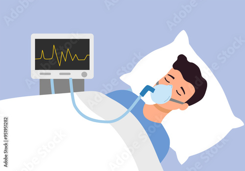 Artificial lung ventilation for male patient, intensive care in hospital. Man with oxygen mask vector illustration cartoon character. Pulmonary ventilator.