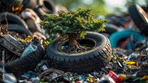 The tree grows in the middle of a pile of garbage and old tires. The problem of land pollution. photo