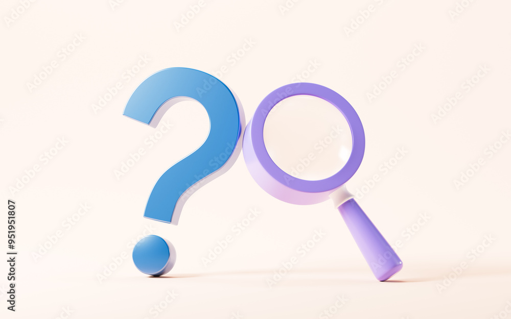 Question mark sign and book, magnifying glass , find the answer, 3d rendering. Question mark sign and book, magnifying glass , find the answer, 3d rendering.